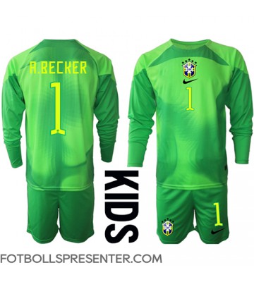 Brasilien Alisson Becker #1 Målvakt Bortatröja Barn VM 2022 Långärmad (+ korta byxor)